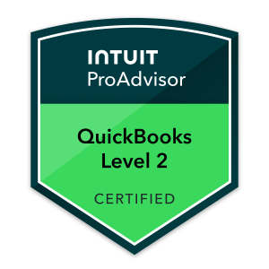 Intuit QuickBooks Level 2 Certified ProAdvisor badge, symbolizing expertise in financial reporting and bookkeeping support for service-based business owners.