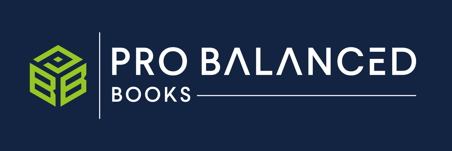 Pro Balanced Books logo with dark blue background and green stylized cube design.